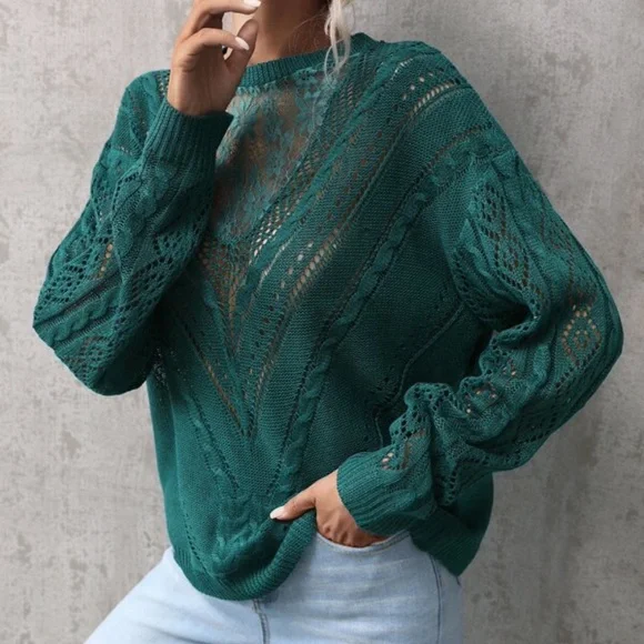 Cozy Floral Lace Mesh Knit Oversized Sweater Top - Picture 4 of 14